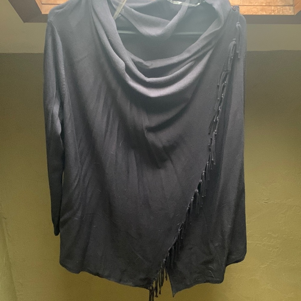 Blueish/grey fringed long sleeve knit poncho style top.